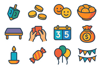 Festive Game Icons. Game in Action icons in modern flat : dreidel mid-spin, coins scattered, smiling faces, snack bowl, tabletop, player hands,