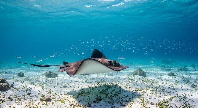 Stingray swims underwater. - Powered by Adobe