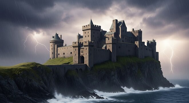 Stormy Castle on Cliff.