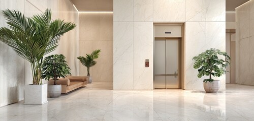 Modern lobby with elegant elevator and tropical plants