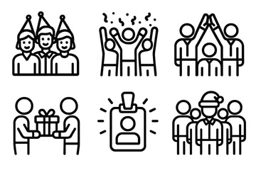 Celebration and party linear icon set. featuring friends, dancing, teamwork, present, badge, and festive hat symbols