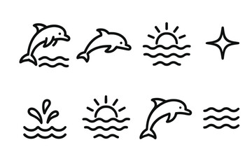 Fototapeta premium Dolphin Icon Set. Ocean Dolphin icons in outline style: leaping dolphin, dolphin swimming, ocean waves, sun over sea, glowing star, splash detail,