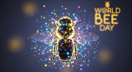 Digital holographic bee glowing with colorful light particles on an abstract dark blue background for pollinator celebration