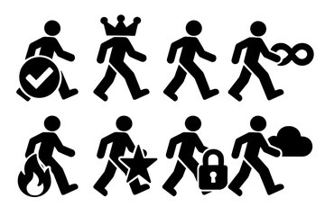 Brutalist Wellness Icons. Wellness Indicators silhouette set : lunch walk with check mark, lunch walk with crown, lunch walk with infinity, lunch walk