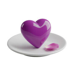 Vibrant purple glossy resin heart on transparent ceramic plate with a delicate pink rose petal, 45-degree macro shot, isolated on seamless transparent, luxurious product concept