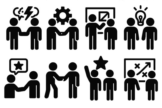 Brutalist Collaboration Icons. Collaboration & Support silhouette set : work buddy with brainstorming, work buddy with teamwork, work buddy with