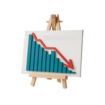 A bar graph on a canvas on an easel with a red arrow pointing downwards isolated on transparent background