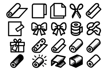 Obraz premium Gift Wrap Icons. Gift Wrap Basics silhouette set : rolled wrapping paper, unrolled paper sheet, folded gift wrap, gift wrap with scissors, paper with