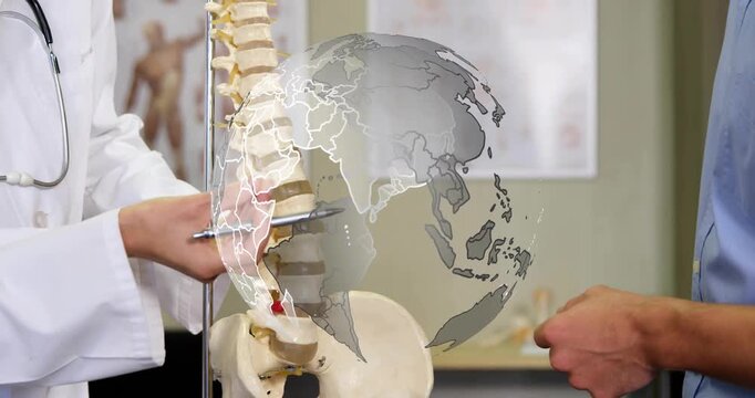 Clinician moving pointer along lumbar spine as rotating globe animating area for patient education