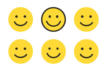 Smiley faces flat icon set. featuring happy, cheerful, joyful, content, bright, sunny, uplifting, vibrant, positive, playful.