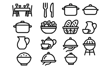 Fototapeta premium Family Meal Icons. Family Gathering Meal icons in outline style: dining table, fork and knife, soup pot, casserole, salad, bread basket, pitcher, tea