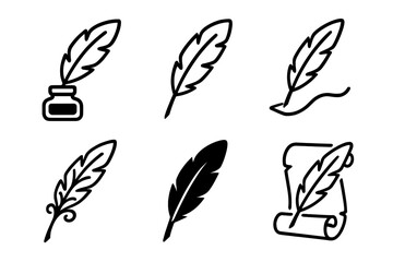 Quill Icon Collection. Feather Quill Icons icons in outline style: feather quill with ink bottle, single feather quill, writing quill on paper, quill