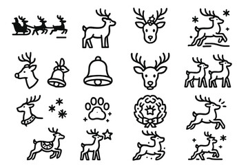 Winter holiday linear icon set. featuring reindeer, sleigh, bell, snowflake, paw, wreath, star symbols
