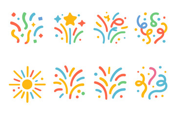 Naklejka premium Celebration flat icon set. featuring fireworks, stars, confetti, bursts, and sparkles