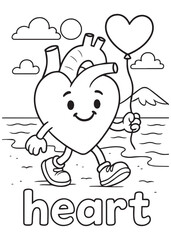 coloring book heart walking with balloon, anatomy illustration for kids, cute black white line art design easy to color