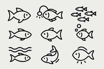 Naklejka premium Glowing Aquatic Icons. Swimming Fish icons in outline style: fish with fins wide, glowing fish in water, school of small fish, single fish swimming,