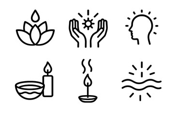 Fototapeta premium Spiritual Ritual Icons. Spiritual Cleaning Ritual icons in outline style: lotus with water drop, hands washing light, aura cleansing spark, candle
