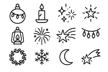Fototapeta premium Festive Icon Collection. Festive Glow icons in outline style: ornament ball with lights, candle, sparkles, glowing star, lantern, firework, shooting