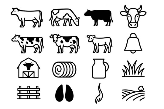 Farm Cow Icons. Farm Cow Icons icons in outline style: standing cow, grazing cow, cow silhouette, cow head, spotted cow, dairy cow, calf, cow bell,
