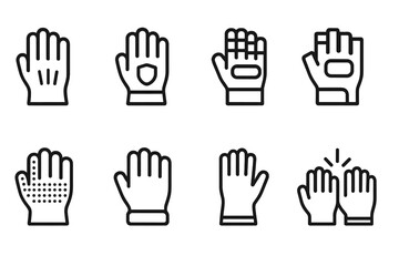 Obraz premium Variety of Work Gloves. Work Gloves icons in outline style: leather gloves, safety gloves, padded gloves, fingerless gloves, rubber grip gloves,