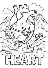 coloring book heart doctor with mask mouth in mountains, anatomy cartoon for kids, black white line art health theme