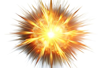 Bright fiery explosion with intense light and energetic rays emanating outward on a white background