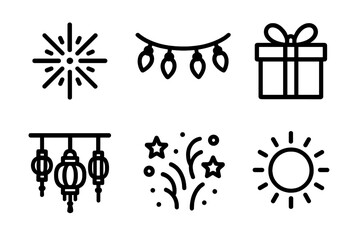 Fototapeta premium Festive Icon Celebration. Festive Eight Nights icons in outline style: fireworks with eight bursts, glowing string lights, celebratory gift box,