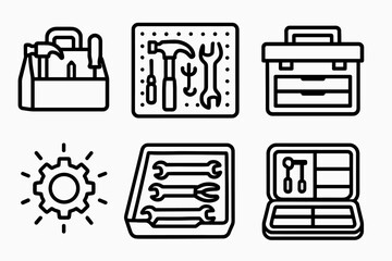 Tool Organizer Icons. Tool Organizer icons in outline style: tool caddy with compartments, pegboard hooks with tools, divided toolbox, chest with