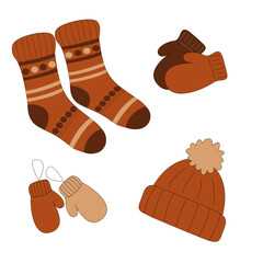 Vector set of warm winter clothing accessories. Knitted socks, cozy hat and mittens isolated on white background