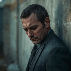 Fototapeta premium Upset man in suit leaning against wall with serious expression 
