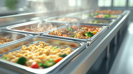 Obraz premium Buffet table with steaming food trays filled with pasta and vegetables 
