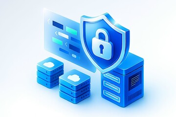 Digital security concept with a shield and padlock protecting servers and data on a screen