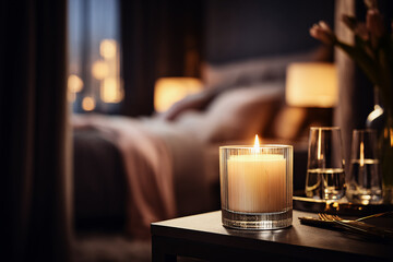Bougie d'ambiance allumée dans une chambre pour soirée romantique