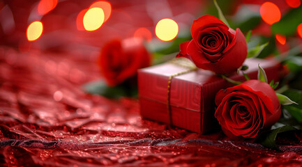 red roses and gift box