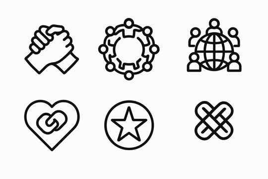 Unity Symbols Collection. Unity Symbol icons in outline style: interlocking hands, circle of people, connected chain links, globe with figures around