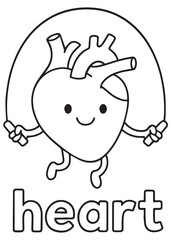coloring book heart skipping rope, anatomy cartoon for kids, black white line art sporty activity