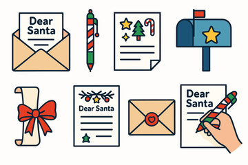 Festive Santa Correspondence. Letter to Santa icons in modern flat : open envelope with note, pen with holiday trim, paper with doodles, mailbox with