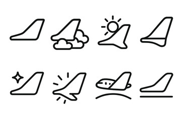 Fototapeta premium Aircraft Wing Icons. Aircraft Wing icons in outline style: wing silhouette, clouds below, wing with sunlight, wingtip detail, star sparkle, radiant