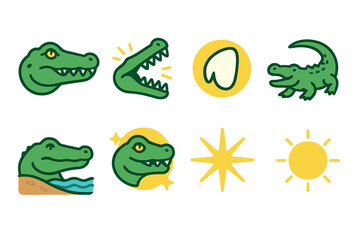 Obraz premium Crocodile Vector Icons. Crocodile Jaw icons in modern flat : crocodile head, snapping jaws, tooth detail, reptile body, riverbank, glowing aura,
