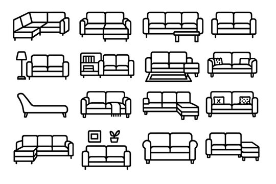 Living Room Sofa Icons. Living Room Sofa Icons icons in outline style: corner sofa, sectional with ottoman, couch with pillows, sofa with coffee