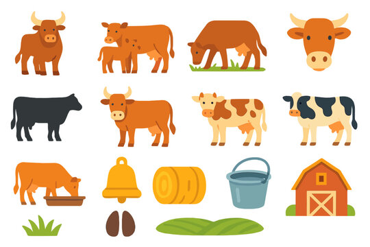 Vibrant Cattle Icons. Cattle Icons icons in modern flat : standing bull, cow with calf, grazing cattle, cow head, cow silhouette, horned cow, spotted