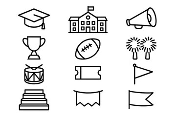 Naklejka premium Homecoming Icons Collection. School Homecoming icons in outline style: graduation cap, school building, megaphone, trophy, football, cheer pom-poms,