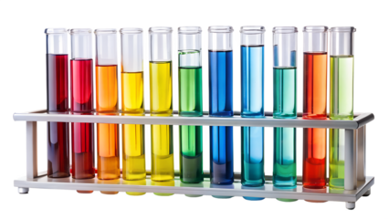 Array of colorful liquids in test tubes on a metal rack isolated on transparent background, ideal for science, chemistry, or medical themes