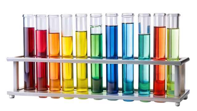 Array of colorful liquids in test tubes on a metal rack isolated on transparent background, ideal for science, chemistry, or medical themes