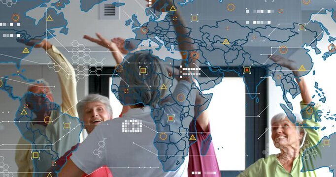Fitness instructor raising arm guiding seniors side-stretching, with world map network unfolding