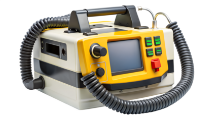 Modern portable defibrillator isolated on transparent background, a vital medical device used to deliver controlled electrical shocks to restore heart rhythm
