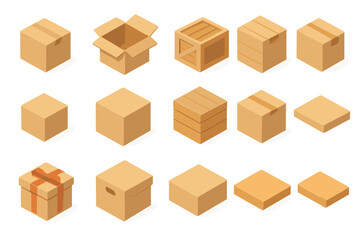 Fototapeta premium Box Icon Set. Box basics set icons in modern isometric flat : closed box, open box, cardboard box, crate box, small box, large box, wooden box,