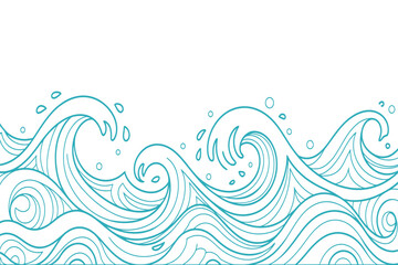 Hand Drawn Waves Line Art Pattern Ocean Sea Seamless Turquoise Decoration