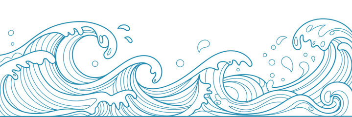 Blue Waves Horizontal Decoration Water Ocean Sea Line Art Isolated Design