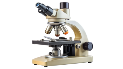 Laboratory microscope isolated on transparent background, an essential tool for scientific research and medical diagnostics in various fields of study